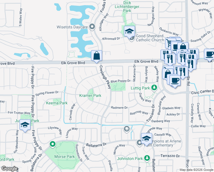map of restaurants, bars, coffee shops, grocery stores, and more near 9621 Fire Station Court in Elk Grove