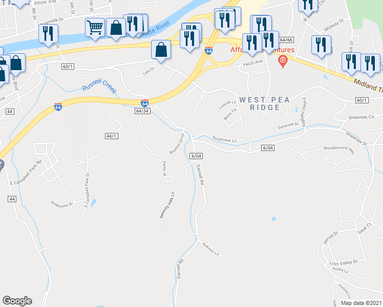 map of restaurants, bars, coffee shops, grocery stores, and more near 4739 Darnell Road in Huntington