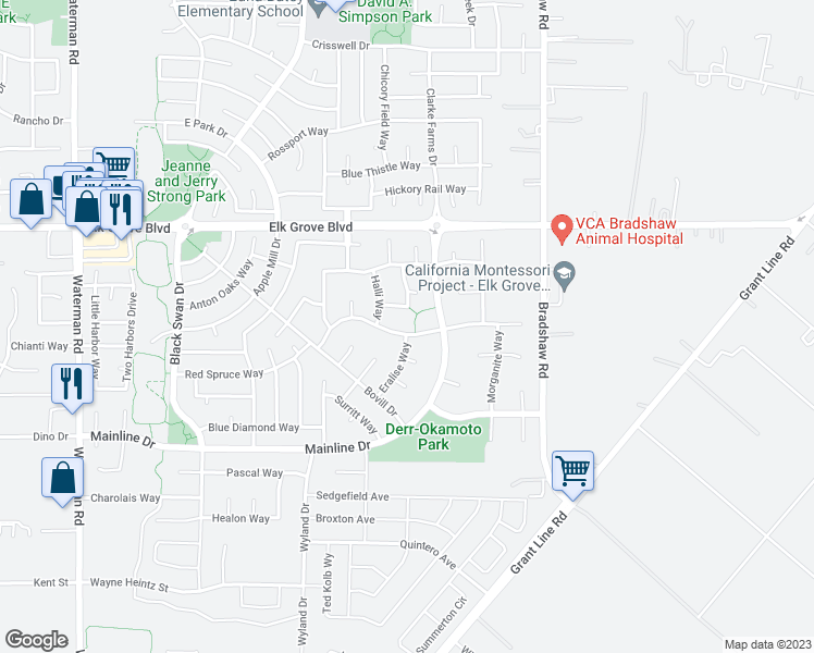map of restaurants, bars, coffee shops, grocery stores, and more near 9567 Nordman Way in Elk Grove