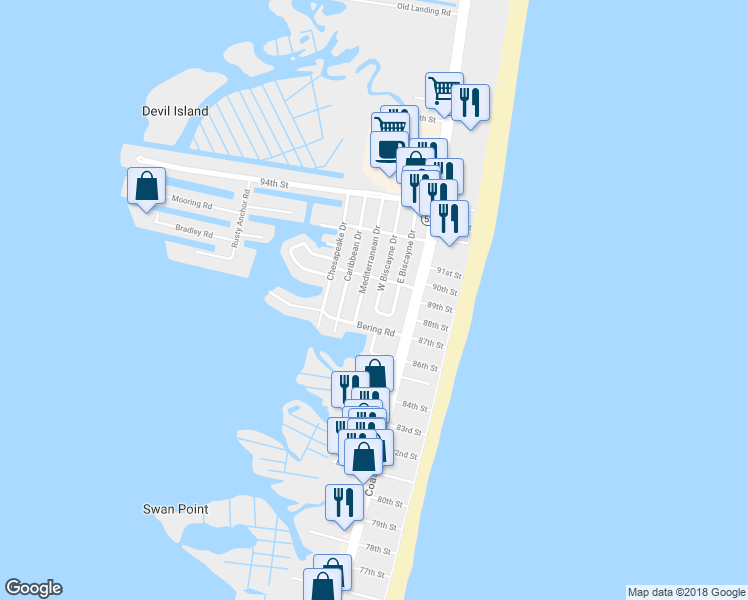 map of restaurants, bars, coffee shops, grocery stores, and more near 8803 West Biscayne Drive in Ocean City
