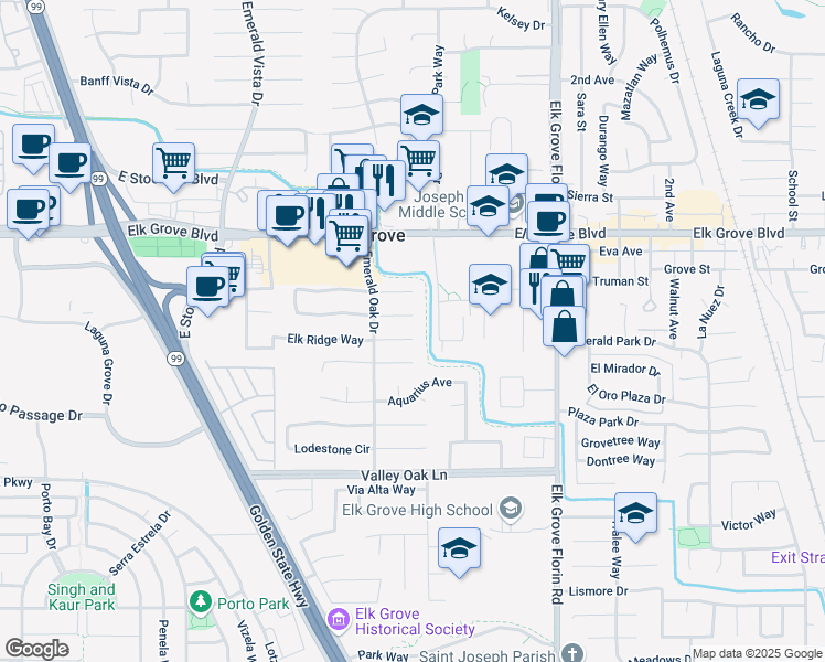 map of restaurants, bars, coffee shops, grocery stores, and more near 8775 Jadestone Court in Elk Grove