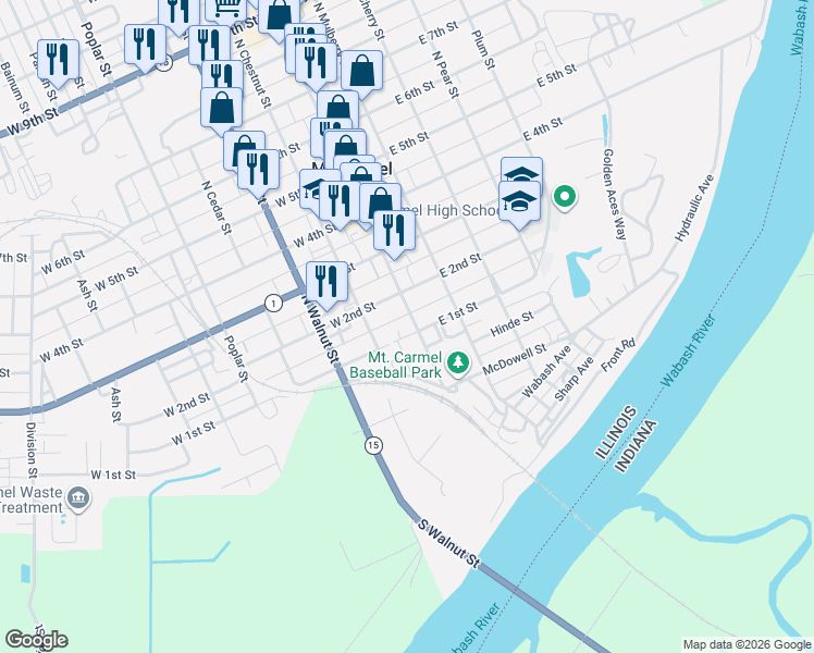 map of restaurants, bars, coffee shops, grocery stores, and more near 100-144 North Market Street in Mount Carmel
