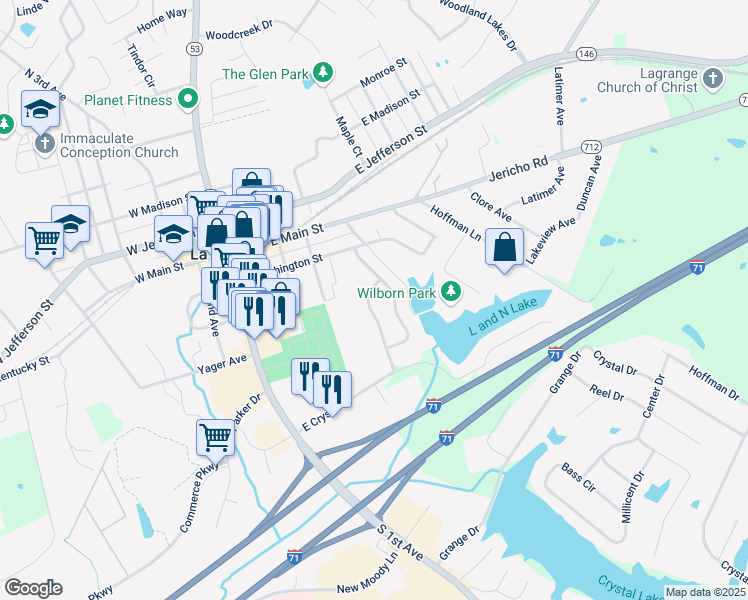 map of restaurants, bars, coffee shops, grocery stores, and more near 309 Crystal Wash Drive in La Grange