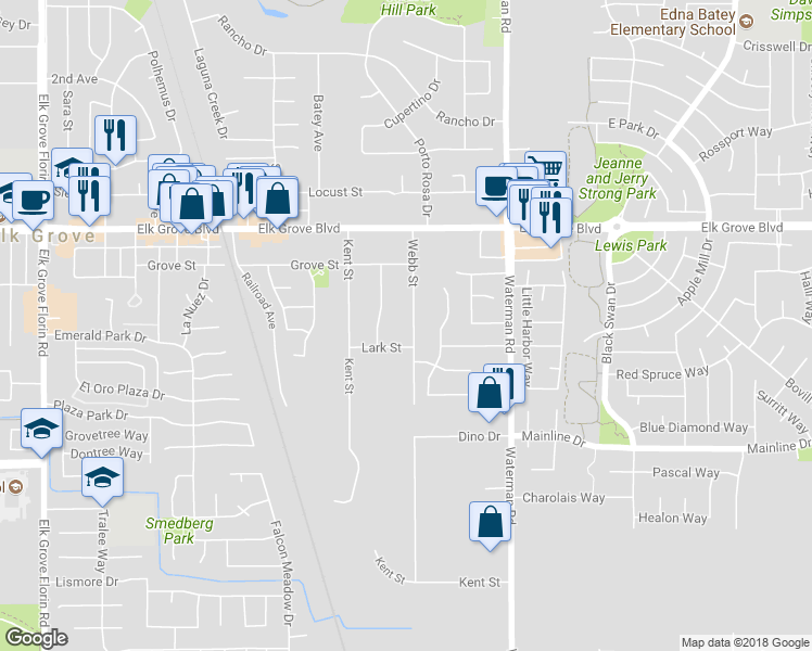 map of restaurants, bars, coffee shops, grocery stores, and more near 9690 Webb Street in Elk Grove