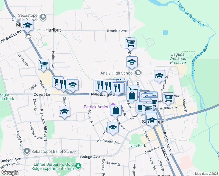 map of restaurants, bars, coffee shops, grocery stores, and more near 570 Ellis Court in Sebastopol