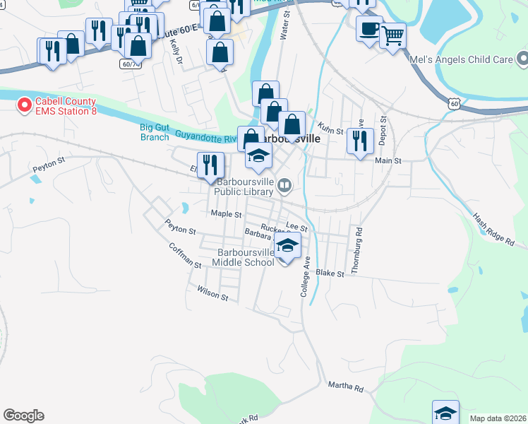 map of restaurants, bars, coffee shops, grocery stores, and more near 734 Lee Street in Barboursville