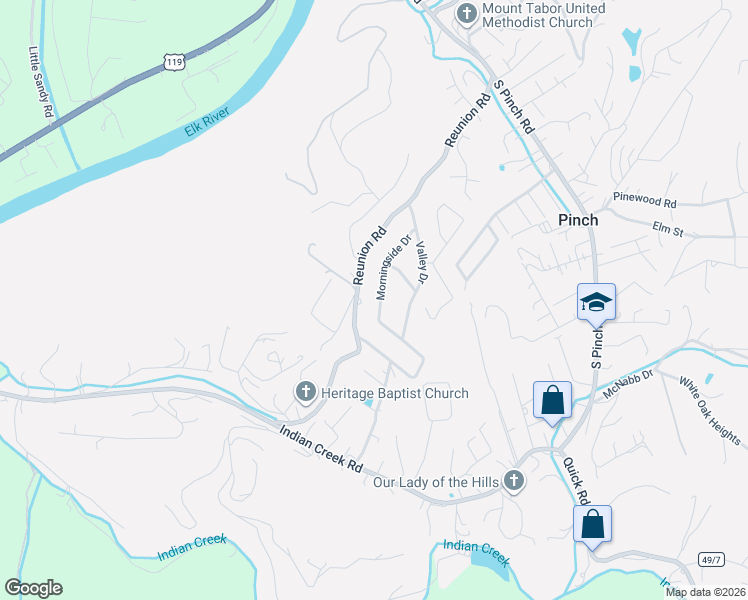 map of restaurants, bars, coffee shops, grocery stores, and more near 131 Morningside Dr in Elkview