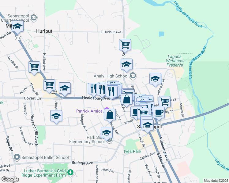 map of restaurants, bars, coffee shops, grocery stores, and more near 549 Cleveland Avenue in Sebastopol