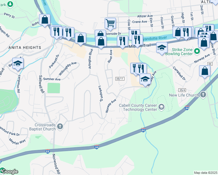 map of restaurants, bars, coffee shops, grocery stores, and more near 3501 Thomas Avenue in Huntington