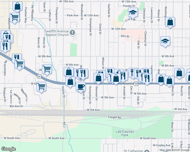 map of restaurants, bars, coffee shops, grocery stores, and more near 627 Sherman Street in Emporia