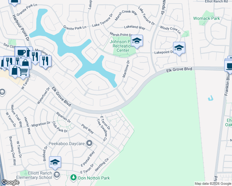 map of restaurants, bars, coffee shops, grocery stores, and more near 3317 Marina Cove Circle in Elk Grove
