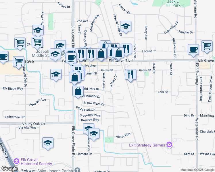 map of restaurants, bars, coffee shops, grocery stores, and more near 9679 Walnut Avenue in Elk Grove