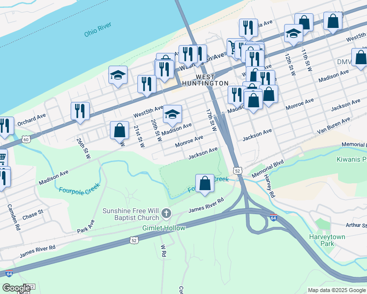 map of restaurants, bars, coffee shops, grocery stores, and more near 1835 Monroe Avenue in Huntington