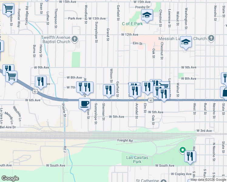 map of restaurants, bars, coffee shops, grocery stores, and more near 630 Wilson Street in Emporia