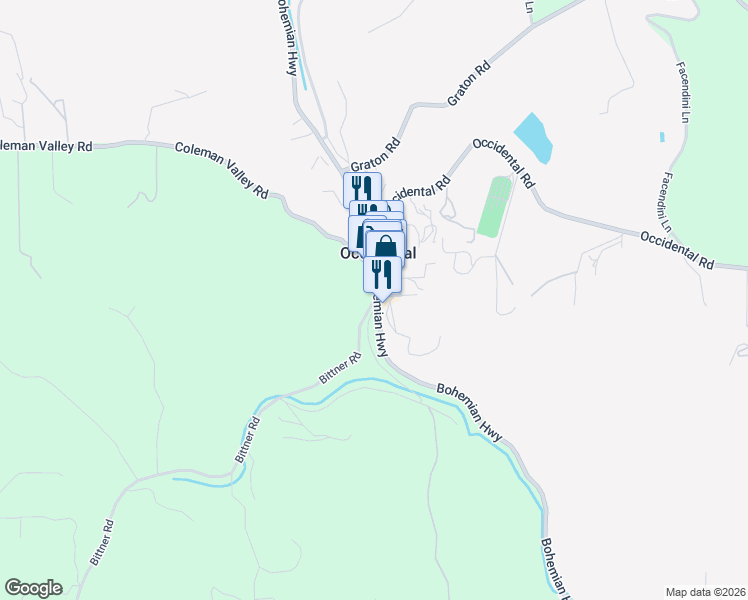 map of restaurants, bars, coffee shops, grocery stores, and more near 3611 Main Street in Occidental