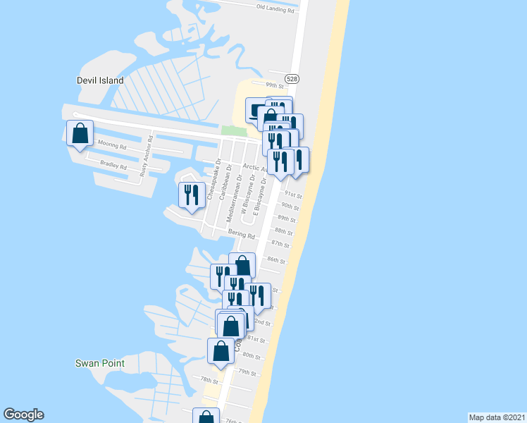 map of restaurants, bars, coffee shops, grocery stores, and more near 8805 Coastal Highway in Ocean City