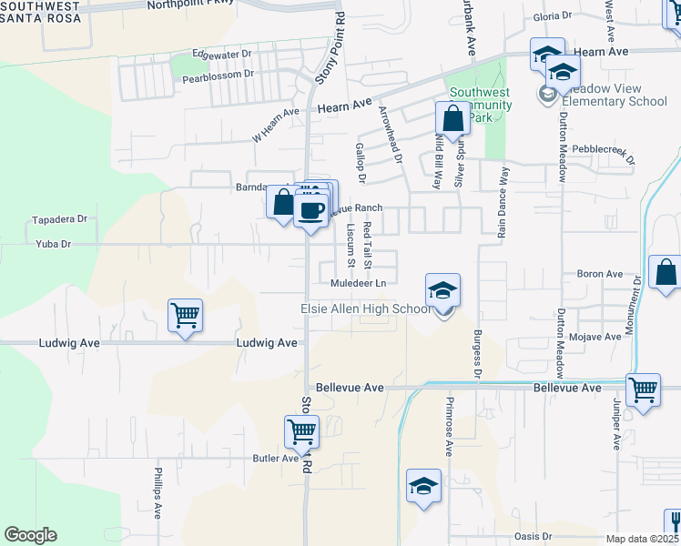 map of restaurants, bars, coffee shops, grocery stores, and more near 2870 Bighorn Sheep Street in Santa Rosa