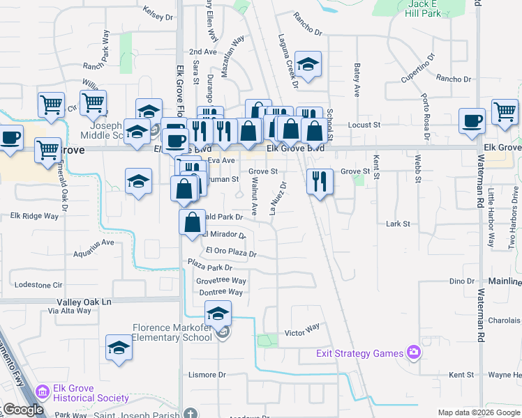 map of restaurants, bars, coffee shops, grocery stores, and more near 9679 Walnut Avenue in Elk Grove