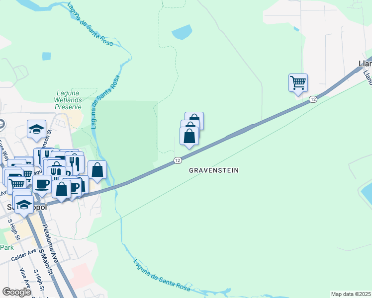 map of restaurants, bars, coffee shops, grocery stores, and more near 6160 Sebastopol Avenue in Sebastopol