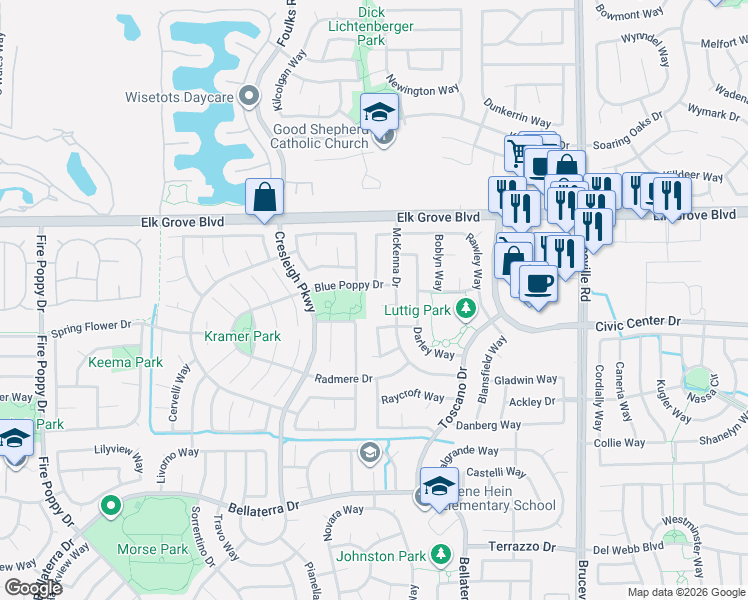 map of restaurants, bars, coffee shops, grocery stores, and more near 6601 Jarrett Court in Elk Grove