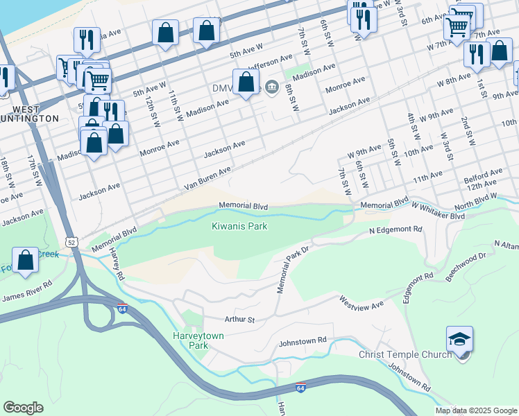 map of restaurants, bars, coffee shops, grocery stores, and more near 1102 Memorial Boulevard in Huntington