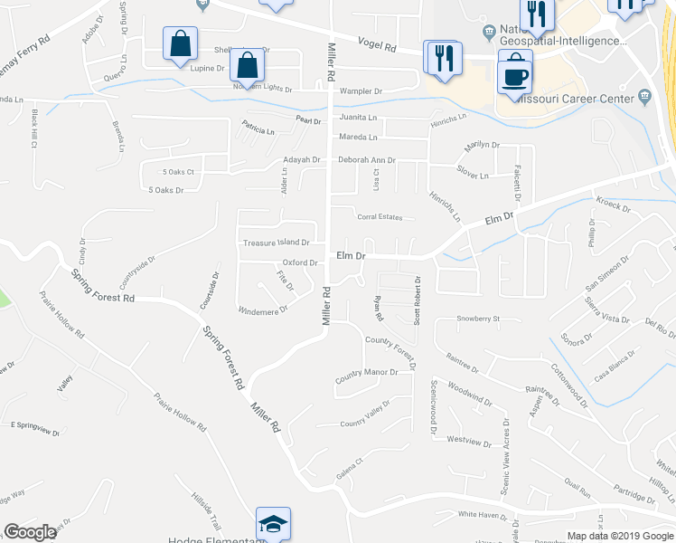 map of restaurants, bars, coffee shops, grocery stores, and more near 2713 Cherry Brook Drive in Arnold