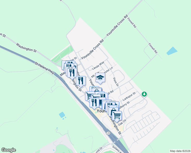 map of restaurants, bars, coffee shops, grocery stores, and more near 1949 Mount Avenue in Yountville