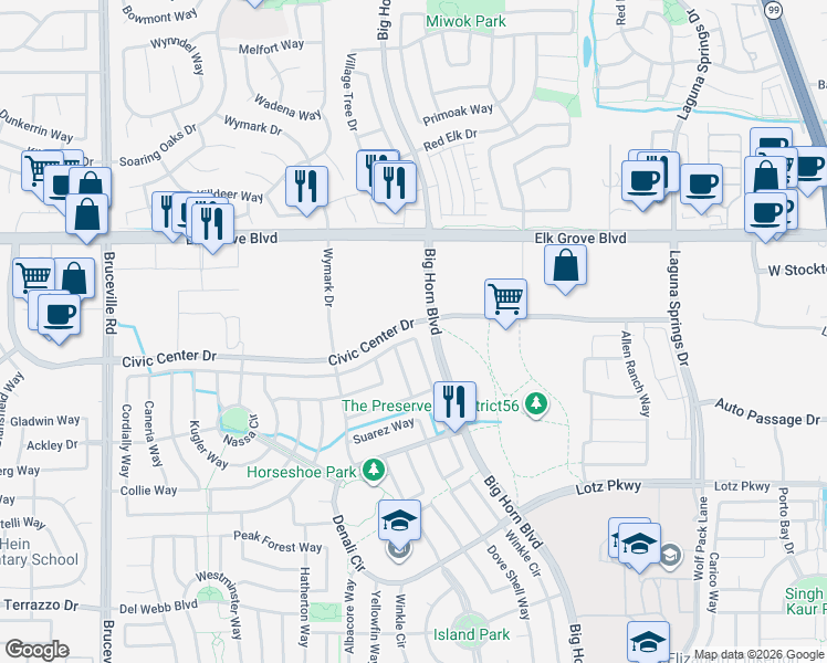 map of restaurants, bars, coffee shops, grocery stores, and more near 9681 Philta Way in Elk Grove
