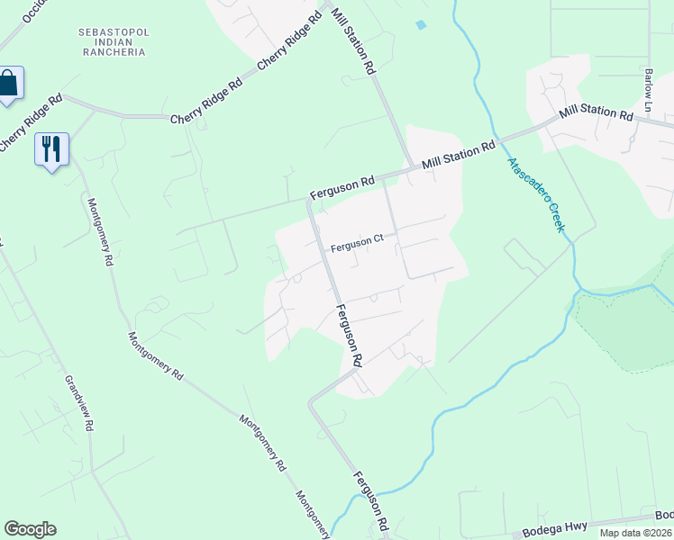 map of restaurants, bars, coffee shops, grocery stores, and more near 825 Ferguson Road in Sebastopol