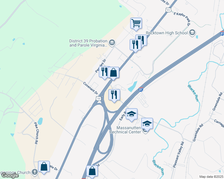 map of restaurants, bars, coffee shops, grocery stores, and more near 1 Pleasant Valley Rd in Harrisonburg