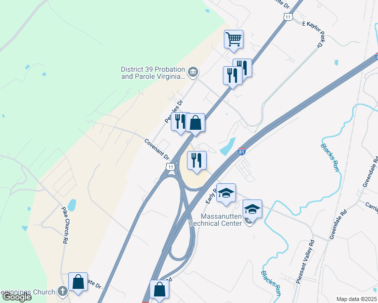 map of restaurants, bars, coffee shops, grocery stores, and more near 81 Pleasant Valley Road in Harrisonburg