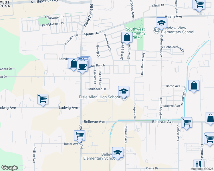 map of restaurants, bars, coffee shops, grocery stores, and more near 2970 Stonesheep Lane in Santa Rosa