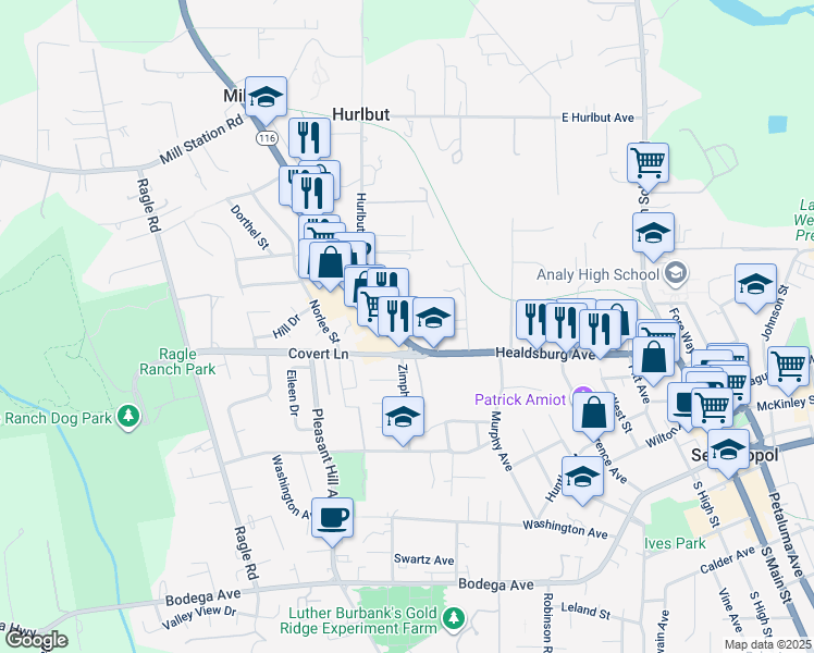 map of restaurants, bars, coffee shops, grocery stores, and more near 585 Gravenstein Highway North in Sebastopol