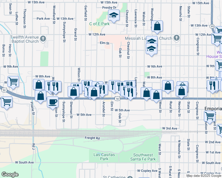 map of restaurants, bars, coffee shops, grocery stores, and more near 631 Elm Street in Emporia