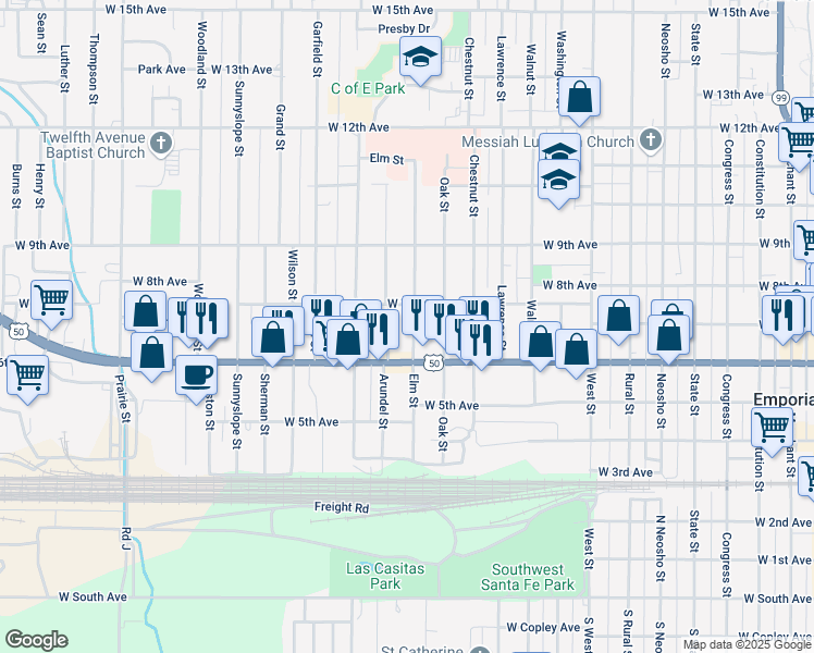 map of restaurants, bars, coffee shops, grocery stores, and more near 631 Elm Street in Emporia