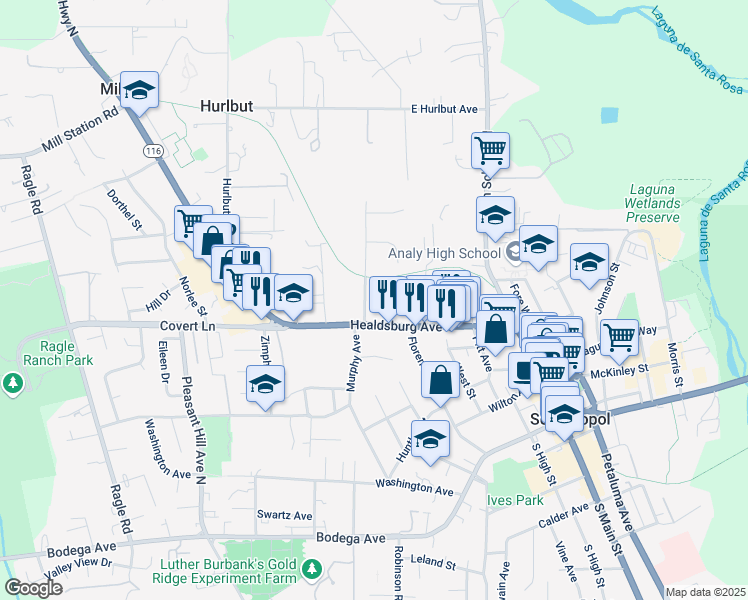 map of restaurants, bars, coffee shops, grocery stores, and more near 527 Dufranc Avenue in Sebastopol
