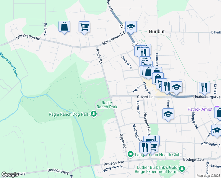 map of restaurants, bars, coffee shops, grocery stores, and more near 613 Ragle Road in Sebastopol