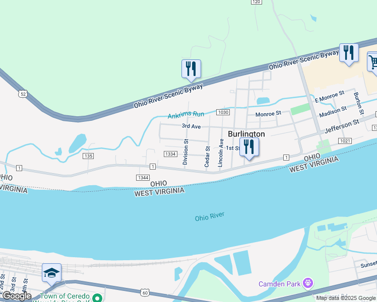 map of restaurants, bars, coffee shops, grocery stores, and more near 90 Township Road 1086 in Burlington