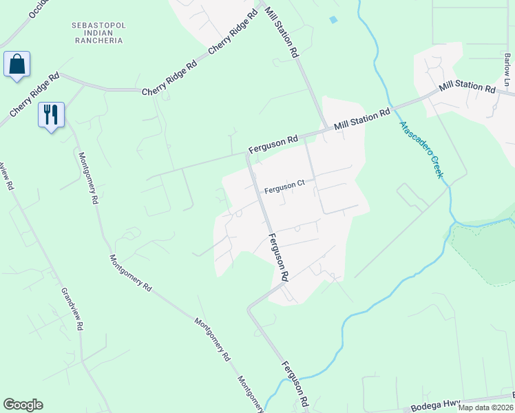 map of restaurants, bars, coffee shops, grocery stores, and more near 836 Ferguson Road in Sebastopol