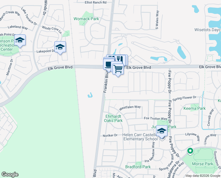 map of restaurants, bars, coffee shops, grocery stores, and more near 4700 Coppola Circle in Elk Grove
