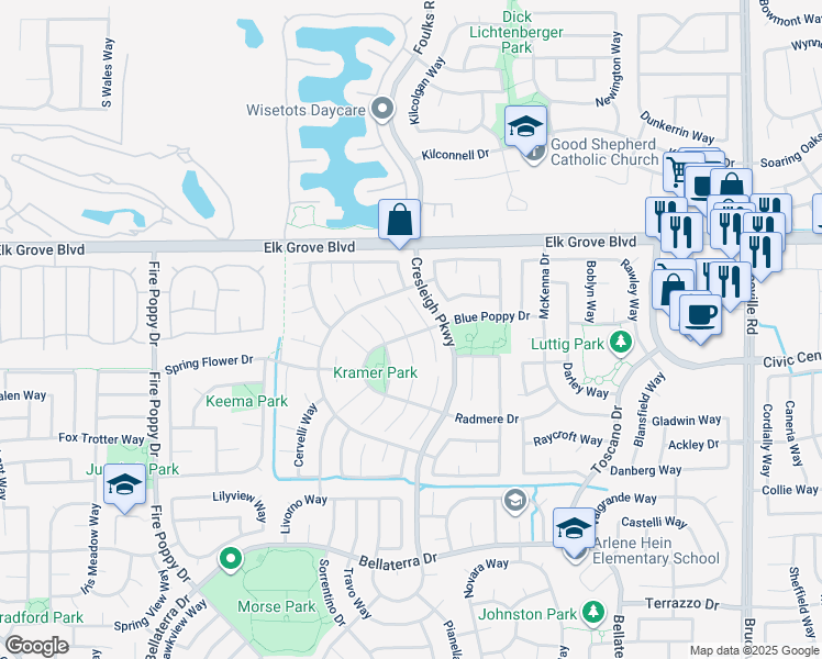 map of restaurants, bars, coffee shops, grocery stores, and more near 6129 Wild Fox Court in Elk Grove