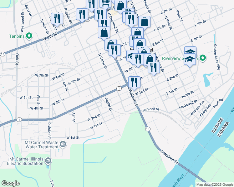 map of restaurants, bars, coffee shops, grocery stores, and more near 298 North Cedar Street in Mount Carmel