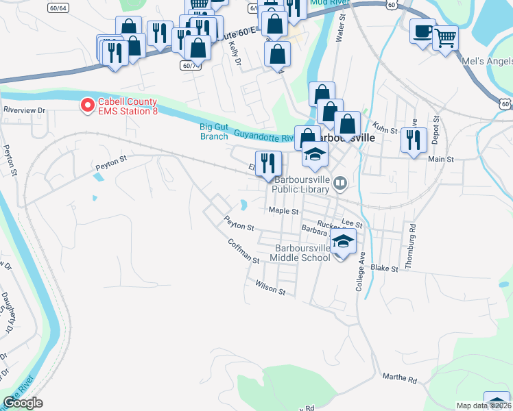 map of restaurants, bars, coffee shops, grocery stores, and more near 1123R Huntington Ave in Barboursville