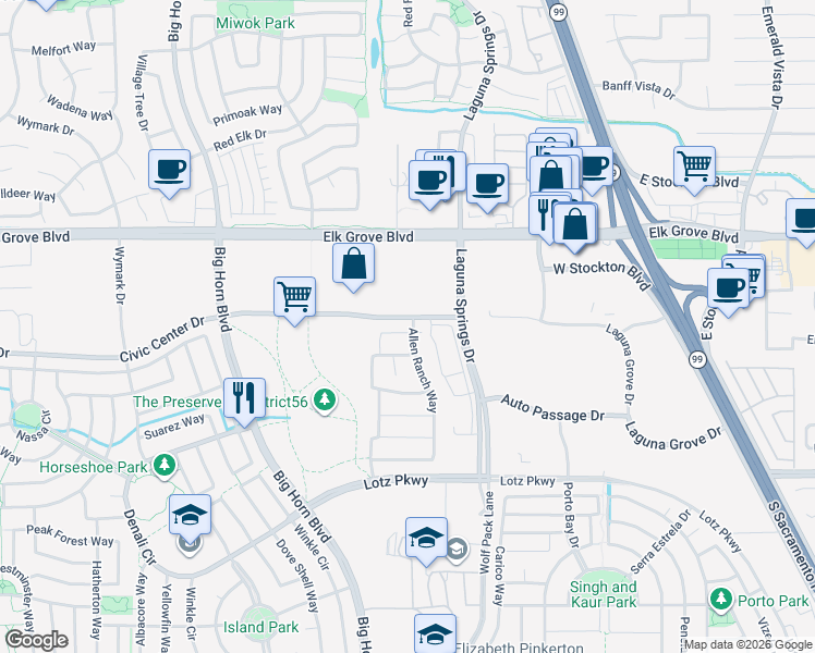 map of restaurants, bars, coffee shops, grocery stores, and more near 8341 La Cruz Way in Elk Grove