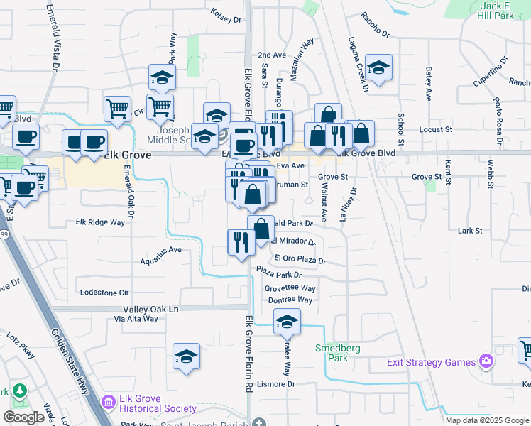 map of restaurants, bars, coffee shops, grocery stores, and more near 9683 Elk Grove Florin Road in Elk Grove