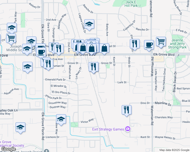 map of restaurants, bars, coffee shops, grocery stores, and more near 9674 Jan Marie Way in Elk Grove