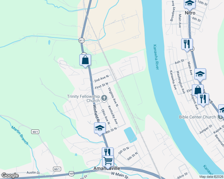 map of restaurants, bars, coffee shops, grocery stores, and more near 114 Alley in Saint Albans
