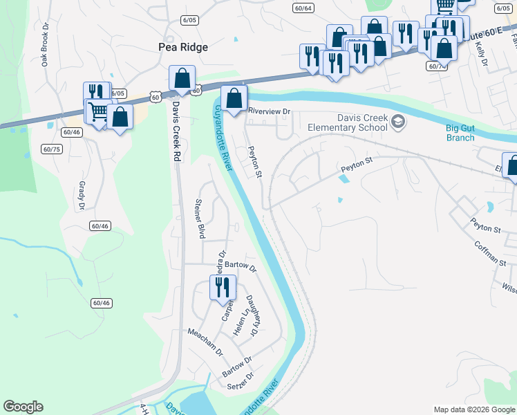 map of restaurants, bars, coffee shops, grocery stores, and more near 1001 Peyton Street in Barboursville