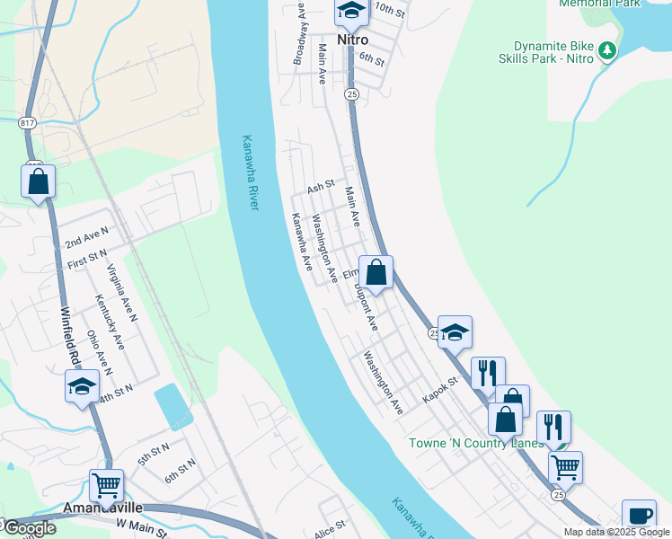 map of restaurants, bars, coffee shops, grocery stores, and more near 411 Elm Street in Nitro