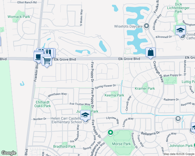 map of restaurants, bars, coffee shops, grocery stores, and more near 9736 Country Falls Lane in Elk Grove
